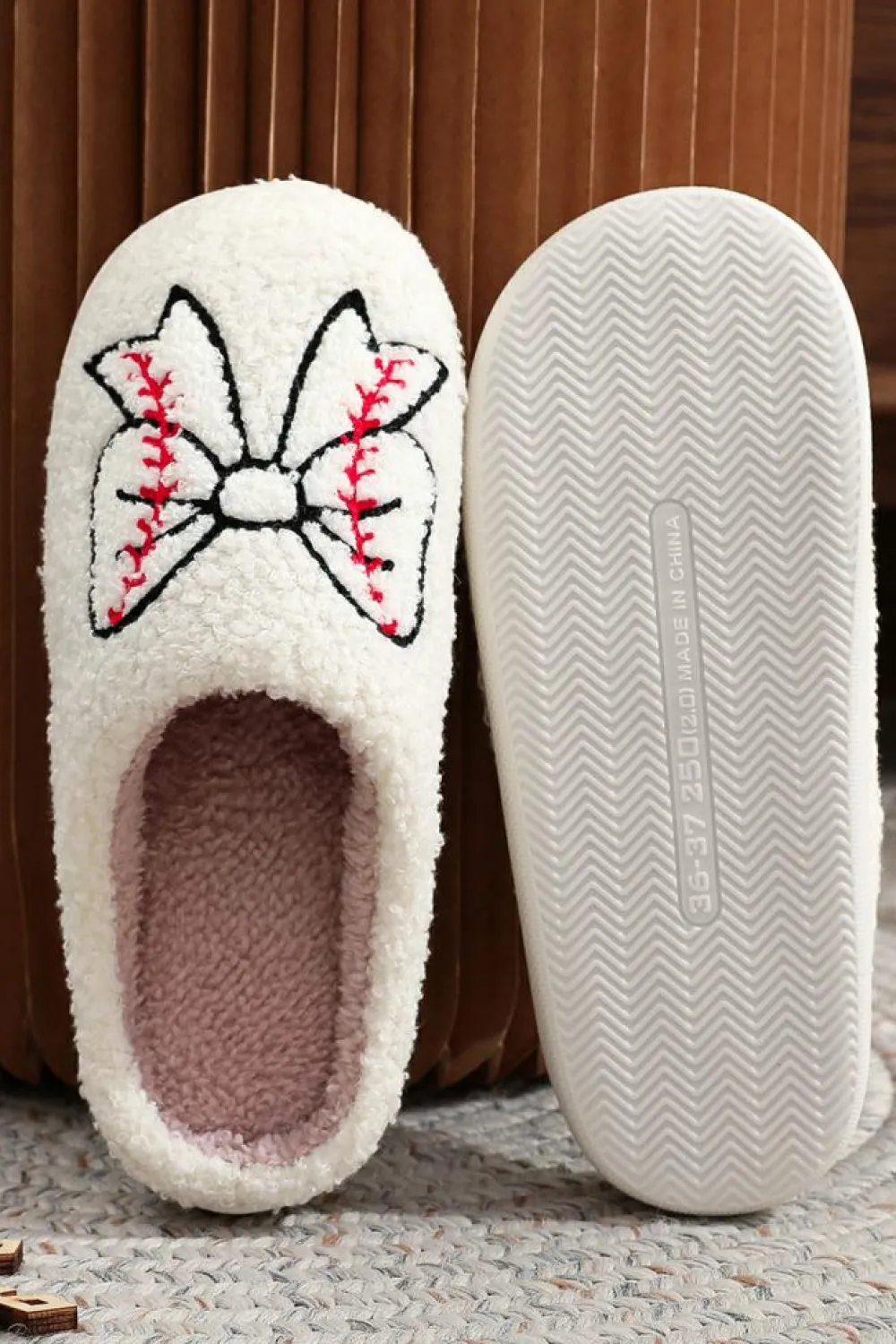 Clearance Dear-Lover Bow Knot Rugby Pattern Plush Warm Slippers White