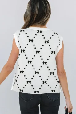 Best Dear-Lover Bow Pattern Buttoned Side Cropped Sweater Vest White