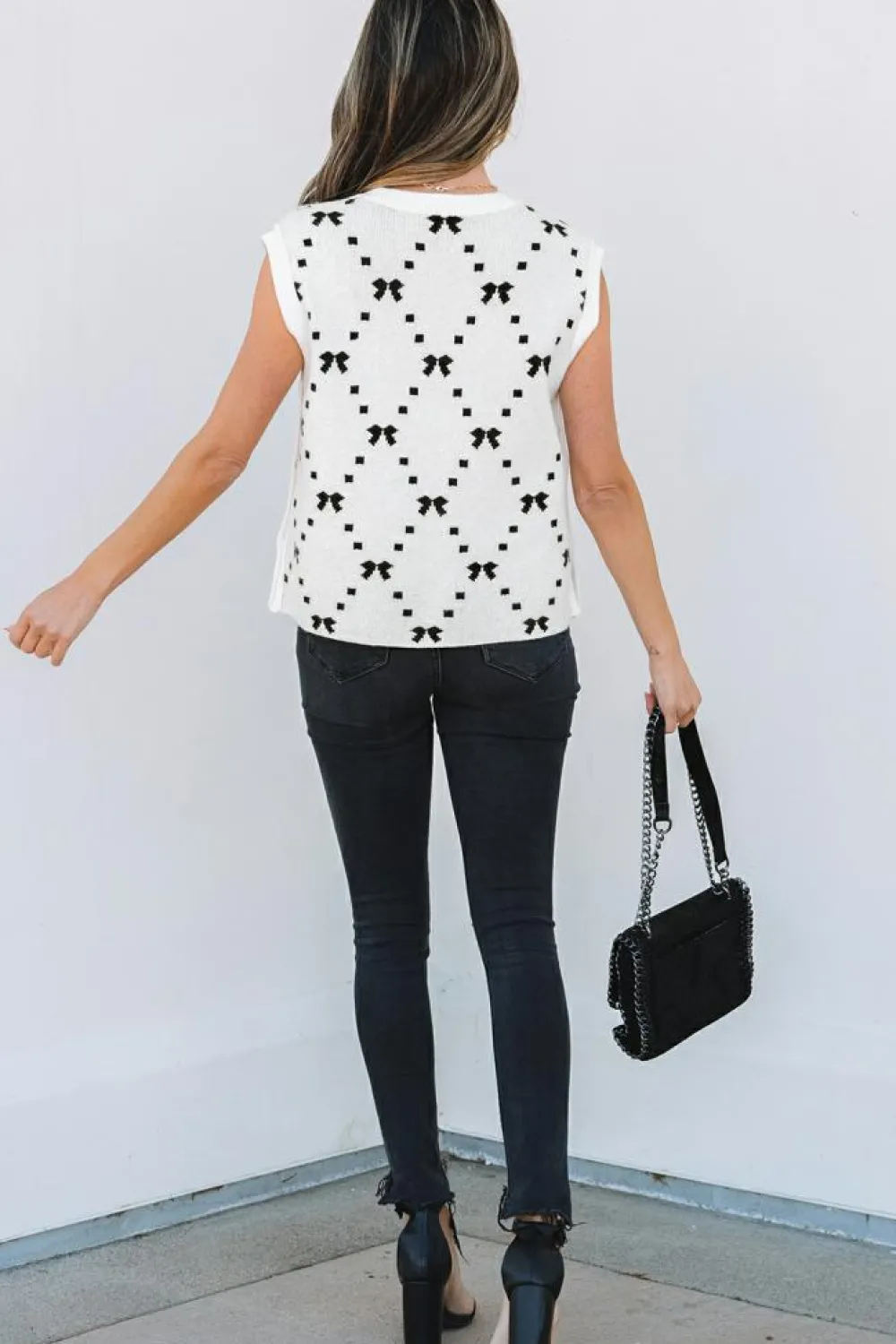 Best Dear-Lover Bow Pattern Buttoned Side Cropped Sweater Vest White