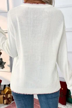 Clearance Dear-Lover Bow Pattern Contrast Trim Christmas Loose Graphic Sweater White
