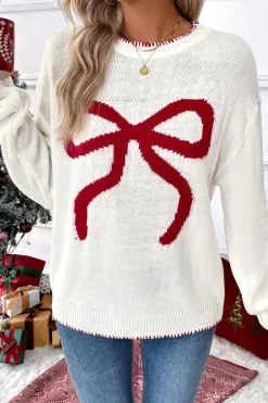Clearance Dear-Lover Bow Pattern Contrast Trim Christmas Loose Graphic Sweater White