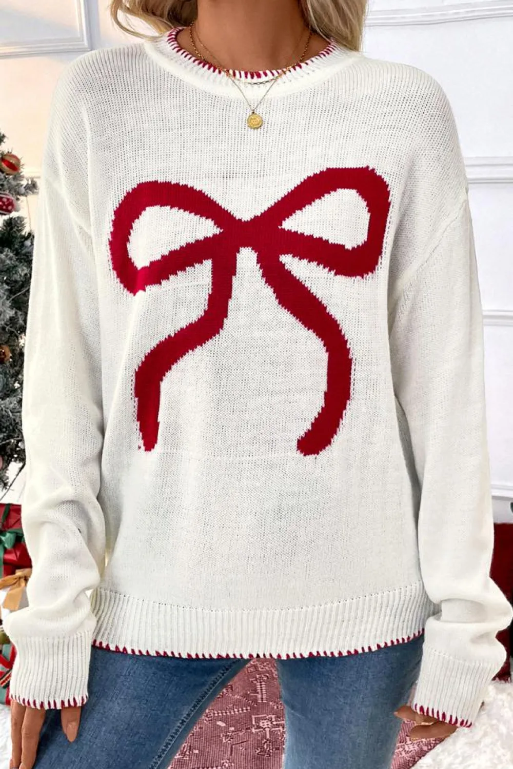 Clearance Dear-Lover Bow Pattern Contrast Trim Christmas Loose Graphic Sweater White