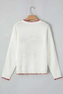 Clearance Dear-Lover Bow Pattern Contrast Trim Christmas Loose Graphic Sweater White