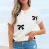Outlet Dear-Lover Bow Pattern Knit Short Sleeve Sweater White