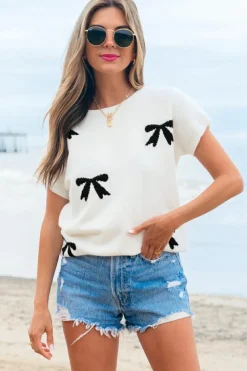 Outlet Dear-Lover Bow Pattern Knit Short Sleeve Sweater White