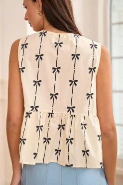 Fashion Dear-Lover Bow Printed Tie Closure Ruffled Vest White