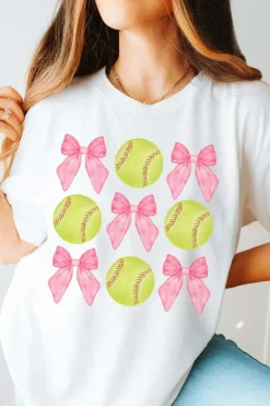 Clearance Dear-Lover Bow Tie Baseball Print Round Neck Casual Tee White