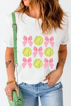 Clearance Dear-Lover Bow Tie Baseball Print Round Neck Casual Tee White