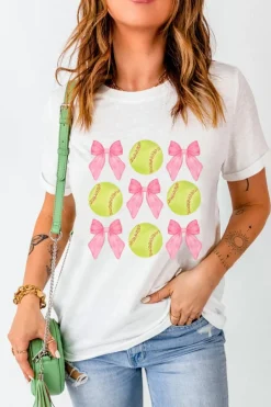 Clearance Dear-Lover Bow Tie Baseball Print Round Neck Casual Tee White