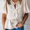 Online Dear-Lover Bow Tie Short Puff Sleeve Ruffle Hem Blouse White