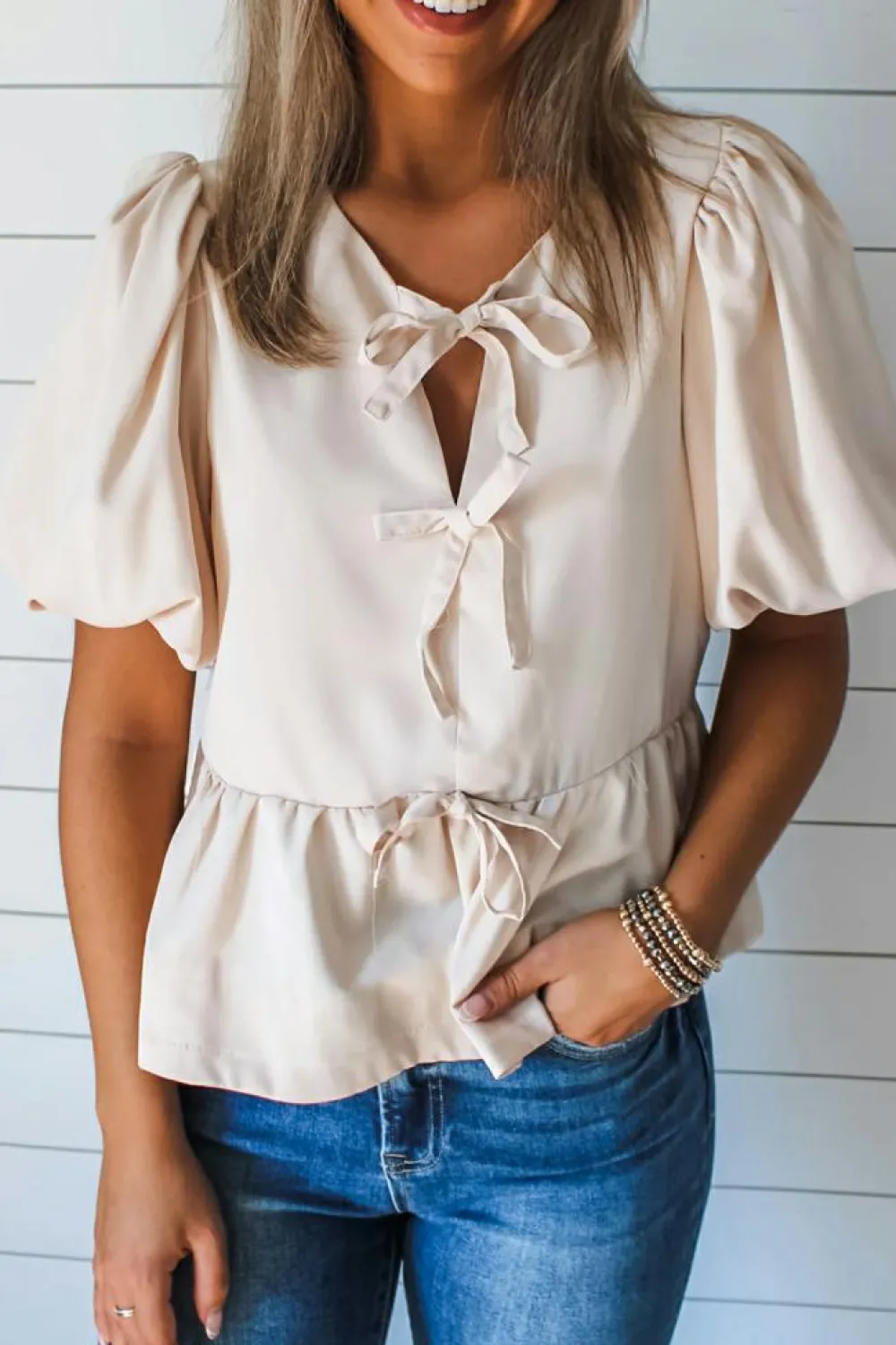 Online Dear-Lover Bow Tie Short Puff Sleeve Ruffle Hem Blouse White