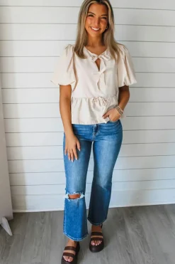 Online Dear-Lover Bow Tie Short Puff Sleeve Ruffle Hem Blouse White
