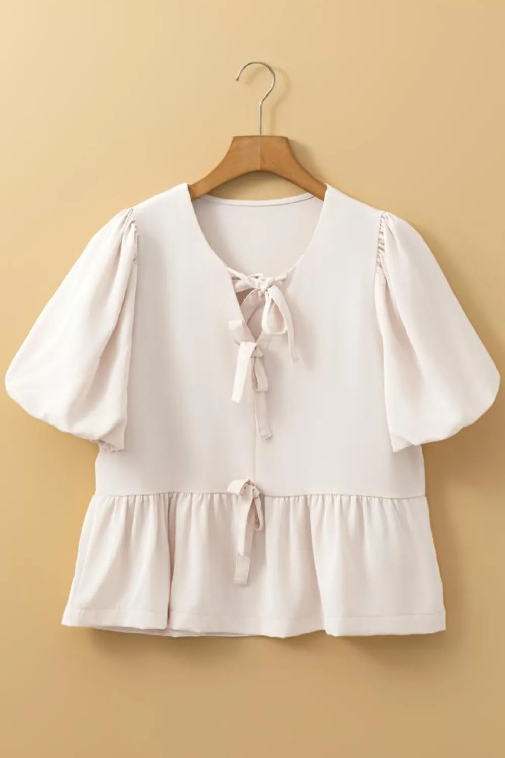 Online Dear-Lover Bow Tie Short Puff Sleeve Ruffle Hem Blouse White