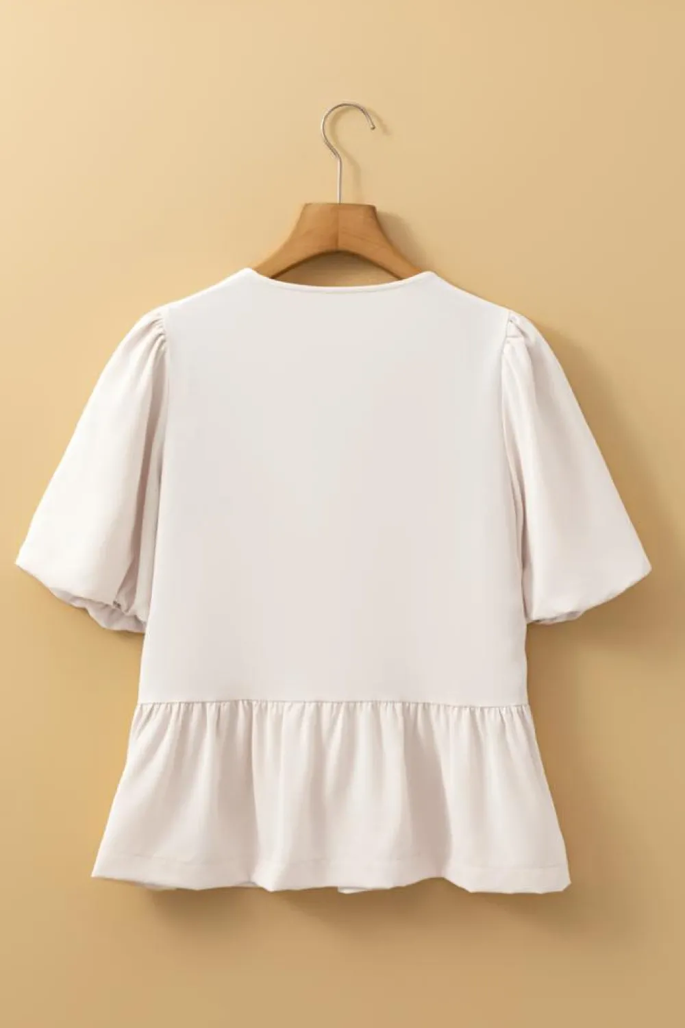 Online Dear-Lover Bow Tie Short Puff Sleeve Ruffle Hem Blouse White