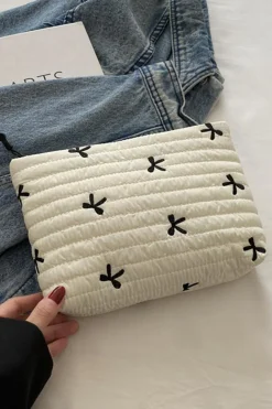 Hot Dear-Lover Bow Ties Print Quilted Large Capacity Makeup Bag White