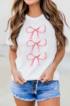 Fashion Dear-Lover Bow Ties Print Slim Fit O Neck Casual T Shirt White