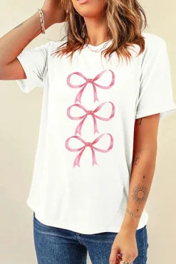 Fashion Dear-Lover Bow Ties Print Slim Fit O Neck Casual T Shirt White