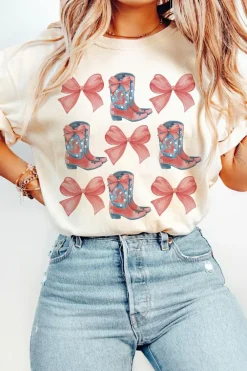 Clearance Dear-Lover Bowknot & Cowgirl Boots Graphic Tee White