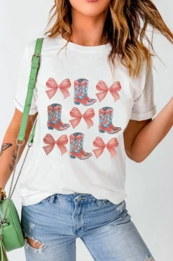 Clearance Dear-Lover Bowknot & Cowgirl Boots Graphic Tee White