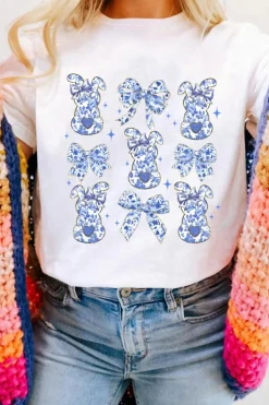 Online Dear-Lover Bowknot Bunny Graphic Easter Fashion T Shirt White