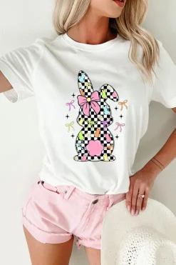 New Dear-Lover Bowknot Checkerboard Bunny Graphic Easter T Shirt White