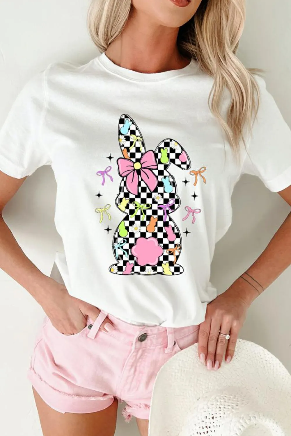 New Dear-Lover Bowknot Checkerboard Bunny Graphic Easter T Shirt White