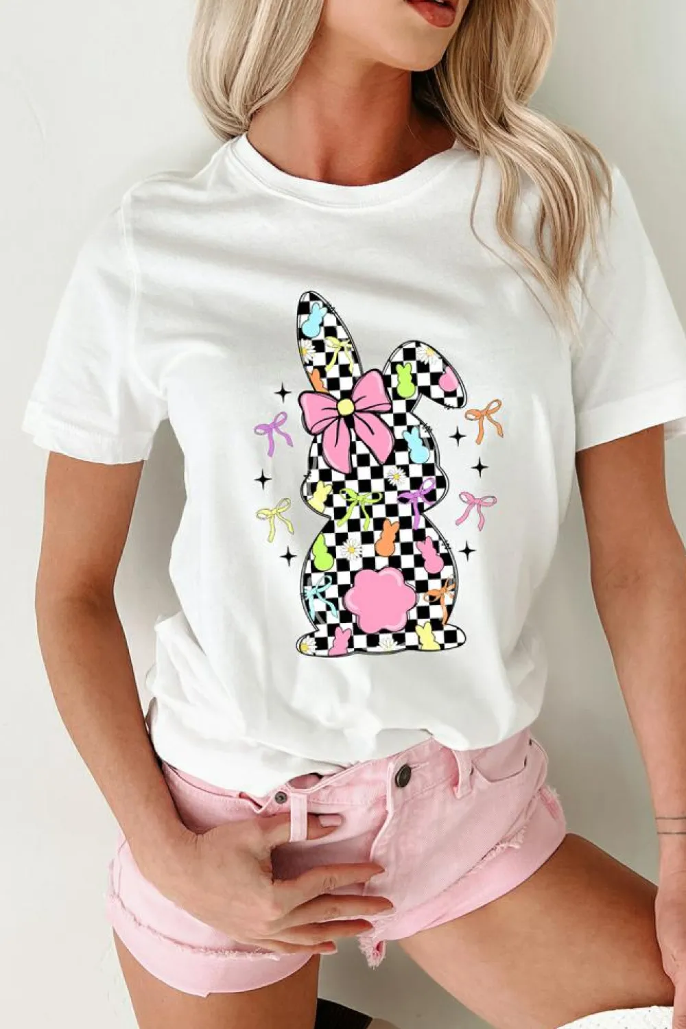 New Dear-Lover Bowknot Checkerboard Bunny Graphic Easter T Shirt White