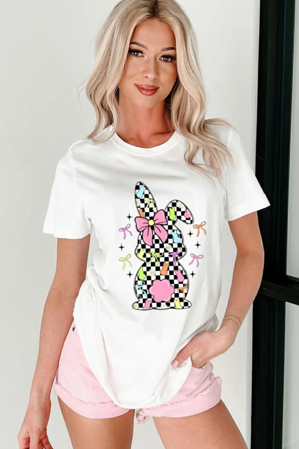 New Dear-Lover Bowknot Checkerboard Bunny Graphic Easter T Shirt White