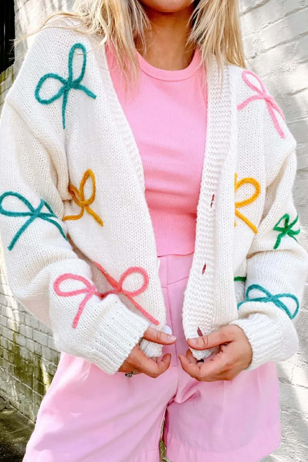 Outlet Dear-Lover Bowknot Drop Shoulder Knitted Button up Cardigan White