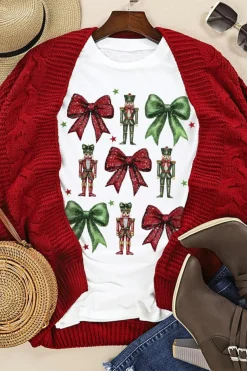 Outlet Dear-Lover Bowknot Nutcracker Printed Crewneck Christmas T Shirt White