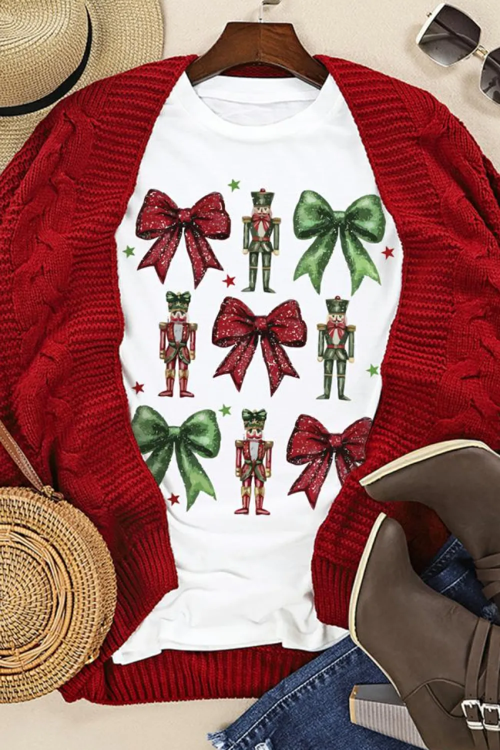 Outlet Dear-Lover Bowknot Nutcracker Printed Crewneck Christmas T Shirt White