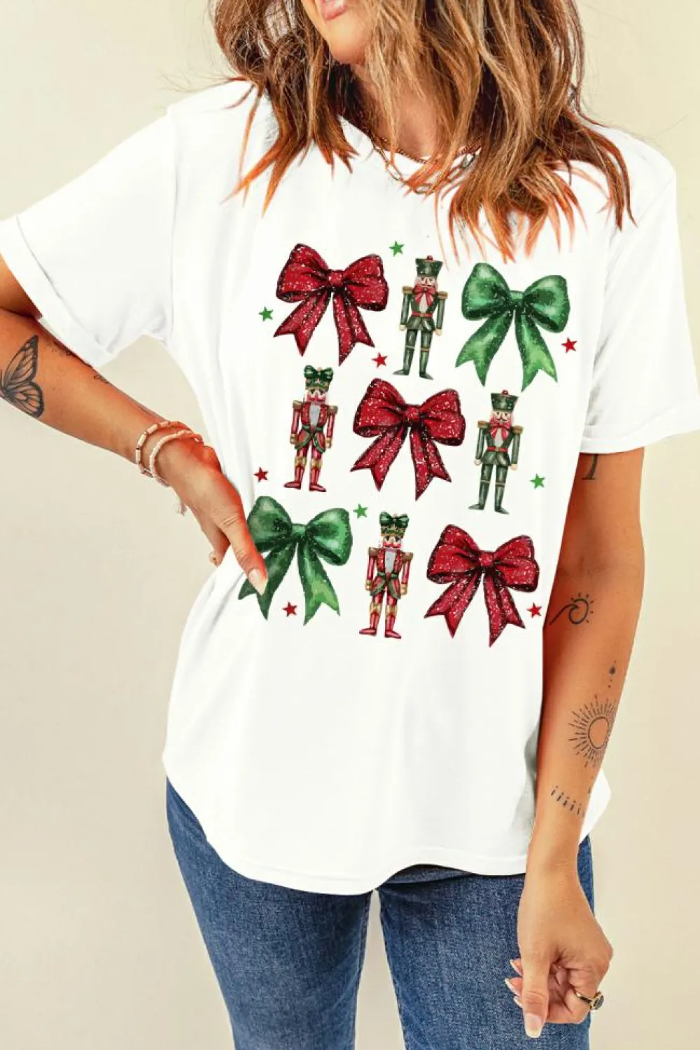 Outlet Dear-Lover Bowknot Nutcracker Printed Crewneck Christmas T Shirt White