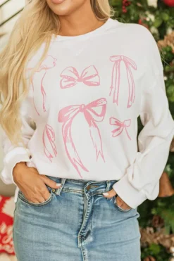 Sale Dear-Lover Bowknot Pattern Corded Long Sleeve Drop Shoulder Top White
