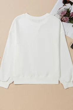 Sale Dear-Lover Bowknot Pattern Corded Long Sleeve Drop Shoulder Top White