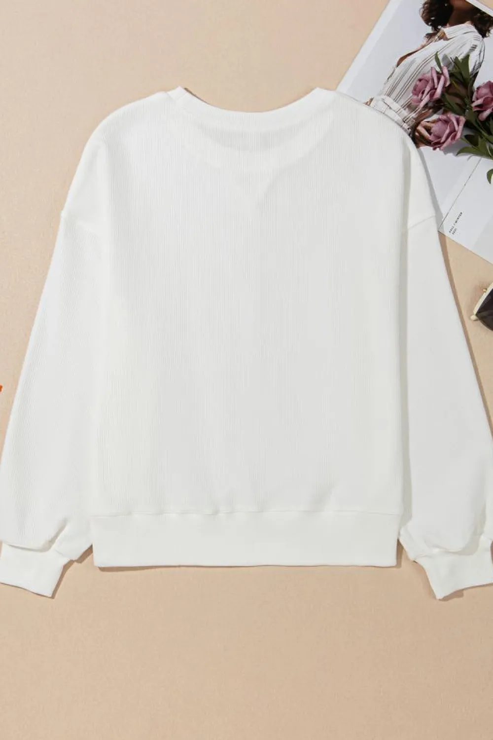 Sale Dear-Lover Bowknot Pattern Corded Long Sleeve Drop Shoulder Top White