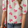 Fashion Dear-Lover Bowknot Print Bubble Sleeve Tee White
