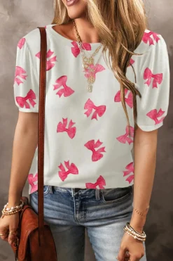 Fashion Dear-Lover Bowknot Print Bubble Sleeve Tee White
