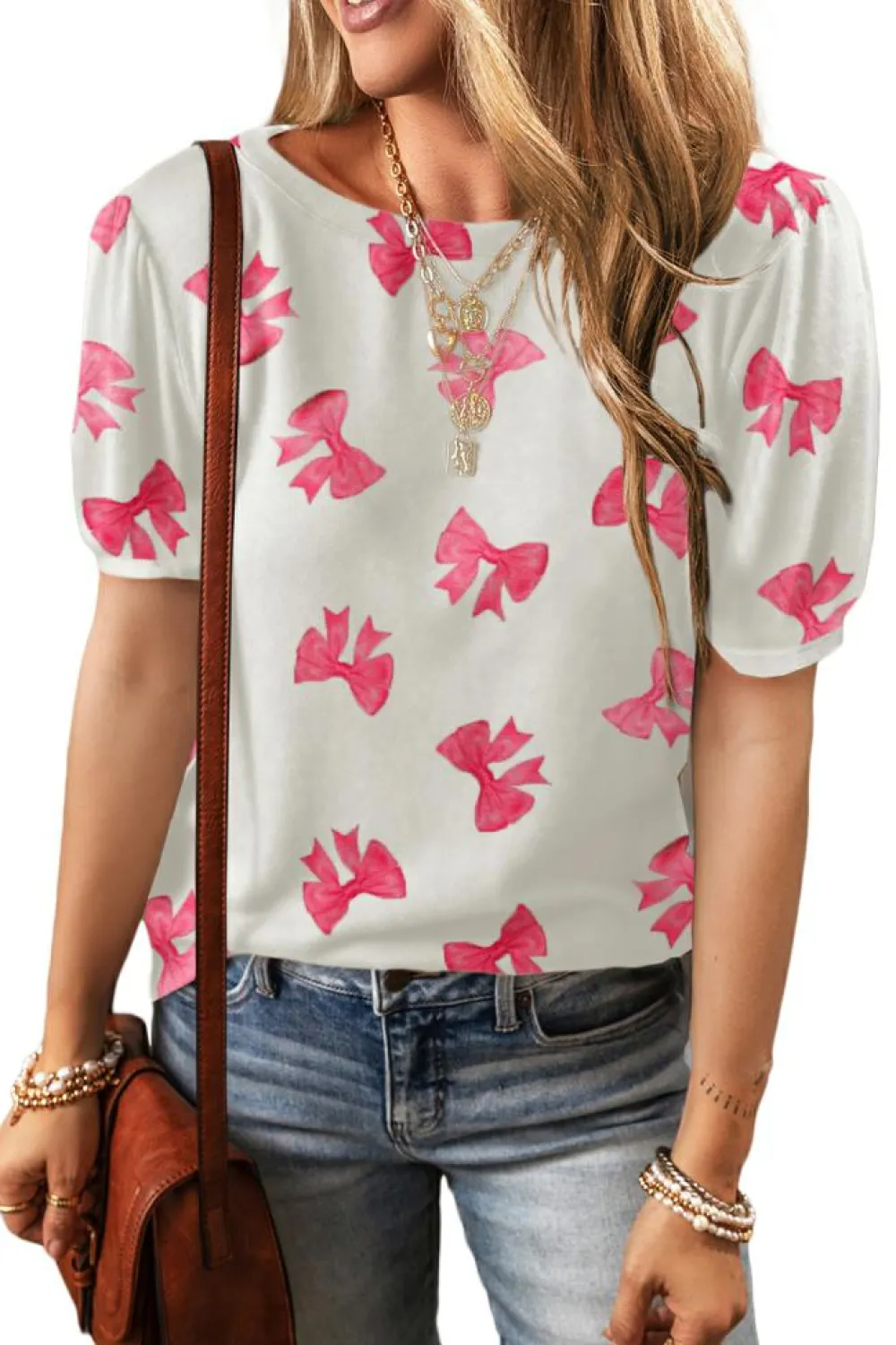 Fashion Dear-Lover Bowknot Print Bubble Sleeve Tee White