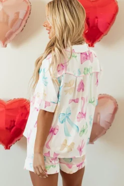 Fashion Dear-Lover Bowknot Print Buttoned Shirt High Waist Shorts Pajama Set White
