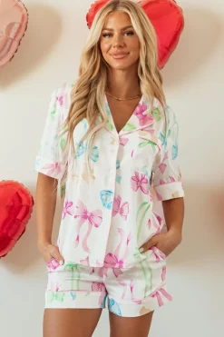 Fashion Dear-Lover Bowknot Print Buttoned Shirt High Waist Shorts Pajama Set White