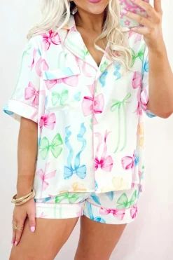Fashion Dear-Lover Bowknot Print Buttoned Shirt High Waist Shorts Pajama Set White