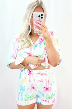 Fashion Dear-Lover Bowknot Print Buttoned Shirt High Waist Shorts Pajama Set White
