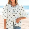 Sale Dear-Lover Bowknot Print Front Knots Bubble Sleeve Blouse White