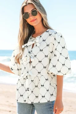 Sale Dear-Lover Bowknot Print Front Knots Bubble Sleeve Blouse White