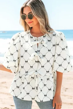 Sale Dear-Lover Bowknot Print Front Knots Bubble Sleeve Blouse White