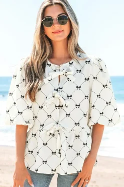 Sale Dear-Lover Bowknot Print Front Knots Bubble Sleeve Blouse White