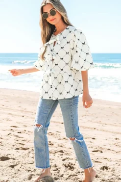Sale Dear-Lover Bowknot Print Front Knots Bubble Sleeve Blouse White