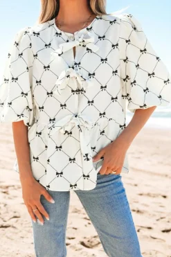 Sale Dear-Lover Bowknot Print Front Knots Bubble Sleeve Blouse White