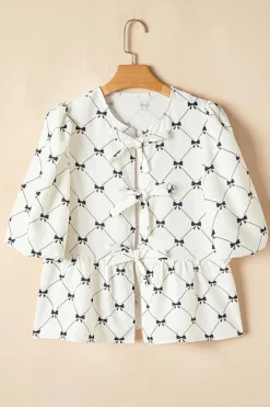 Sale Dear-Lover Bowknot Print Front Knots Bubble Sleeve Blouse White