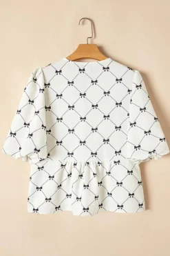 Sale Dear-Lover Bowknot Print Front Knots Bubble Sleeve Blouse White